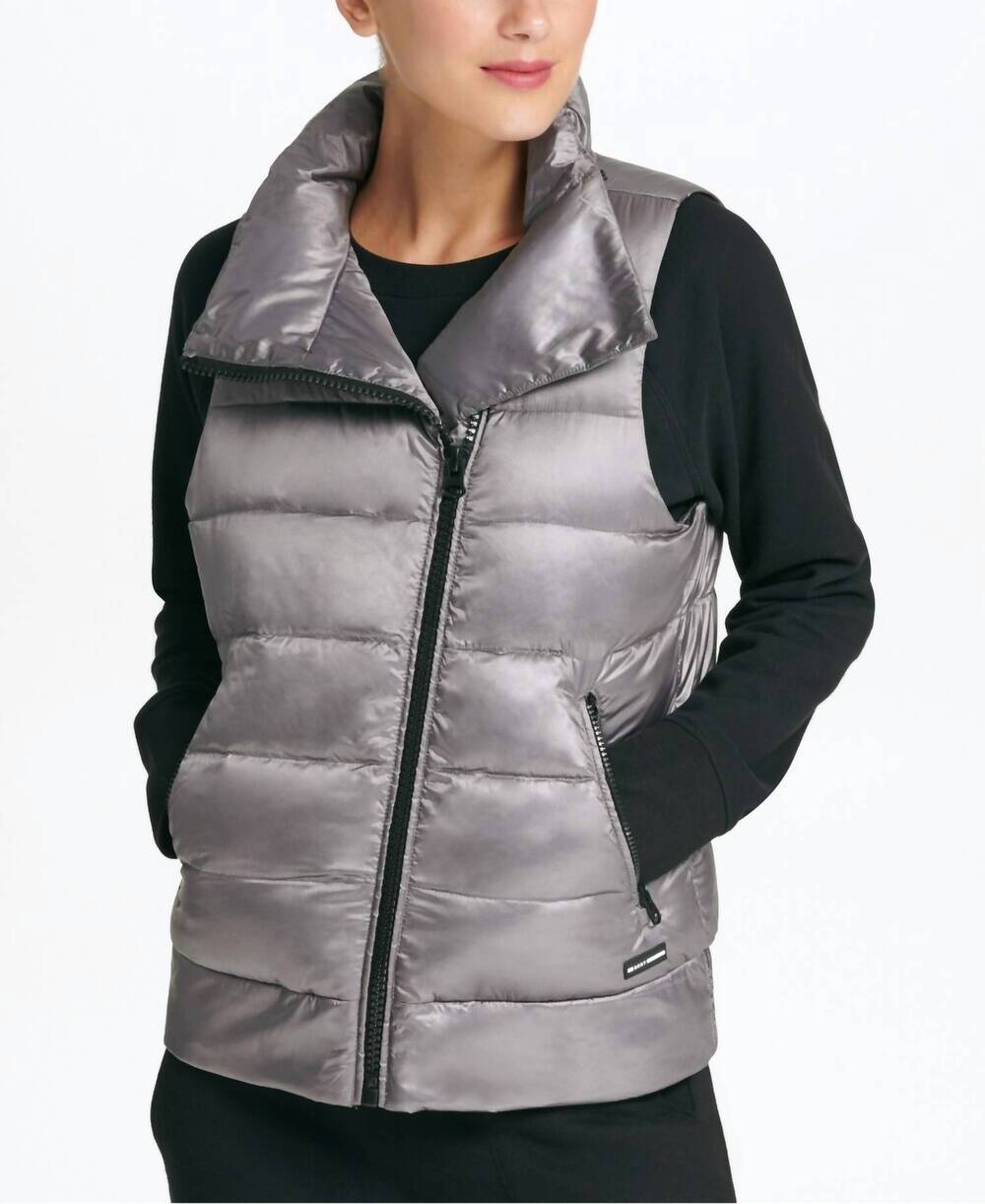 NEW DKNY asymmetrical zip down filled vest in granite